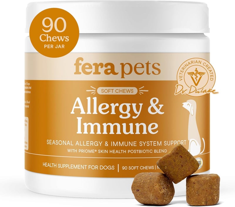 Fera Pets Dog Allergy Chews – Allergy Relief & Itching Skin Relief – Immune & Gut Support with Organic Mushrooms, Postbiotics & Colostrum – Promotes Skin Health – 90 Soft Chews - Image 1