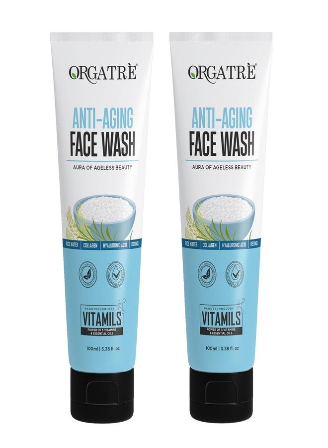 Orgatre Anti-Aging Face Wash for Men & Women | With Rice Water, Collagen, Hyaluronic Acid & Retinol | Gentle Cleanser for Wrinkles, Fine Lines, Hydration & Youthful Glow | 100 ml (Pack of 2)