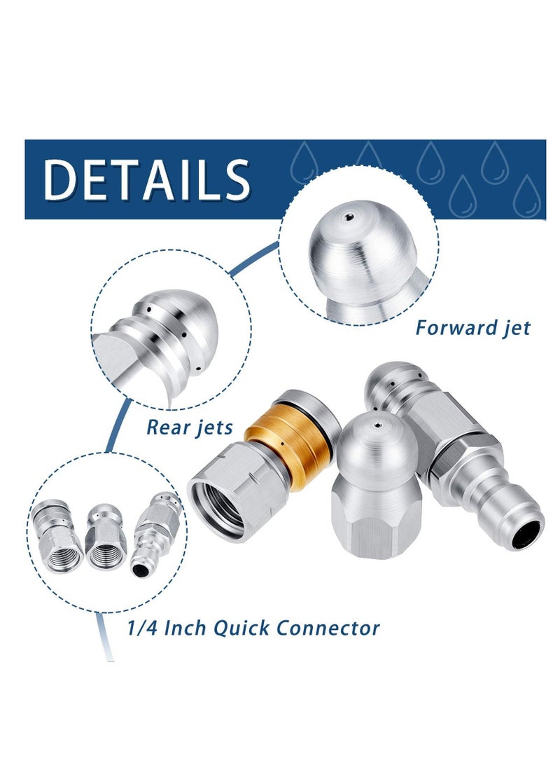 Generic - Stainless Steel Pressure Washer Sewer Jetter Nozzles, Drain Cleaning Hose Nozzle, 1/4 Inch Quick Connector, Rotating Button Nose Jet Nozzle, 5000 PSI, 3PCS - Image 1