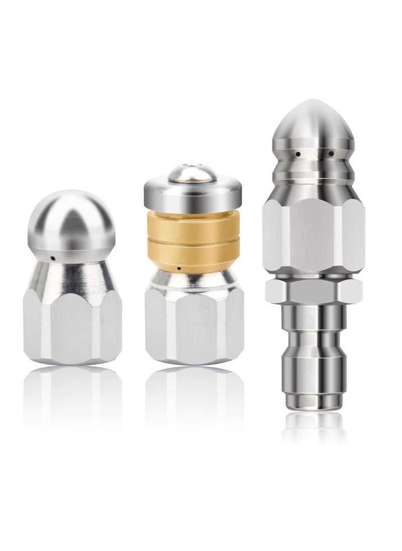 Generic - Stainless Steel Pressure Washer Sewer Jetter Nozzles, Drain Cleaning Hose Nozzle, 1/4 Inch Quick Connector, Rotating Button Nose Jet Nozzle, 5000 PSI, 3PCS - Image 1