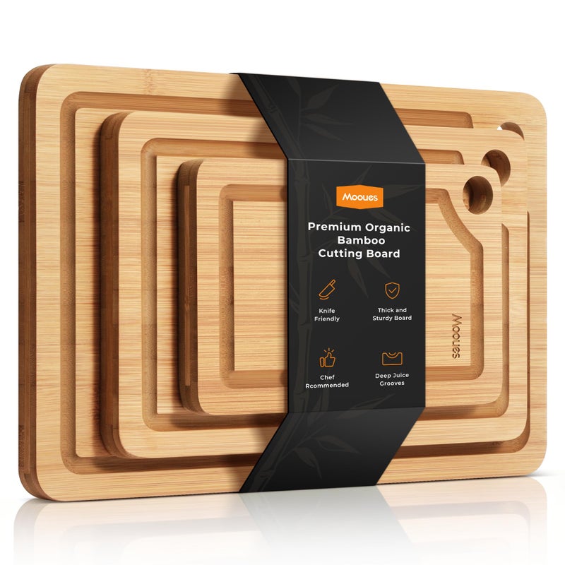 Mooues Bamboo Cutting Board for Kitchen, Knife-Friendly Wooden Cutting Boards Set 3-Piece with Juice Groove, Durable Chopping Boards for Meat, Vegetables, Fruits, Cheese(Natural) - Image 1