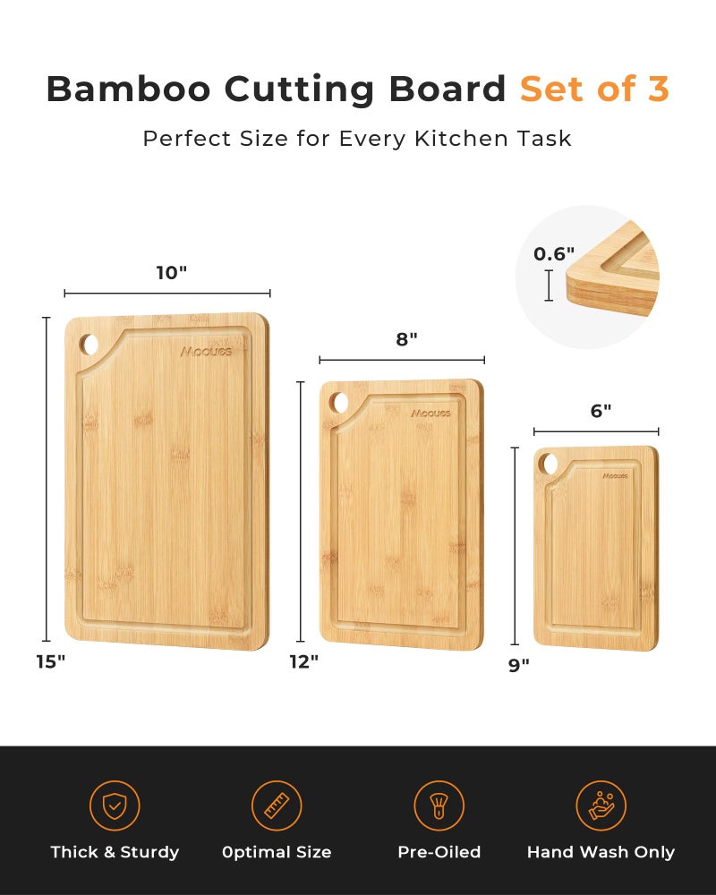 Mooues Bamboo Cutting Board for Kitchen, Knife-Friendly Wooden Cutting Boards Set 3-Piece with Juice Groove, Durable Chopping Boards for Meat, Vegetables, Fruits, Cheese(Natural) - Image 5