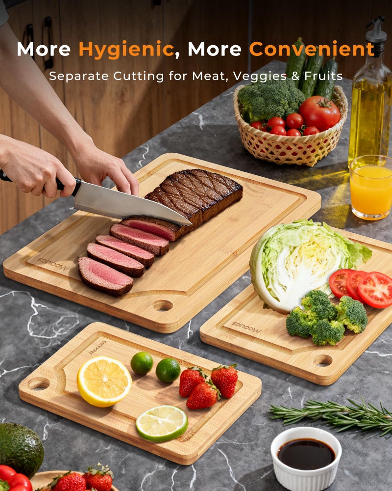 Mooues Bamboo Cutting Board for Kitchen, Knife-Friendly Wooden Cutting Boards Set 3-Piece with Juice Groove, Durable Chopping Boards for Meat, Vegetables, Fruits, Cheese(Natural) - Image 2