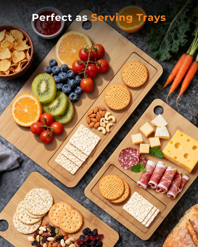 Mooues Bamboo Cutting Board for Kitchen, Knife-Friendly Wooden Cutting Boards Set 3-Piece with Juice Groove, Durable Chopping Boards for Meat, Vegetables, Fruits, Cheese(Natural) - Image 3