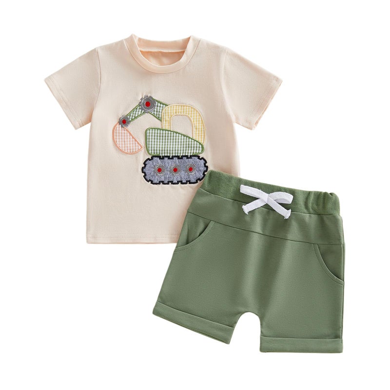 FOCUSNORM Toddler Baby Boy Summer Clothes Excavator Embroidery Short Sleeve T-Shirt Elastic Waist Shorts Set 2 Piece Outfit (Cute Green, 2-3T) - Image 1