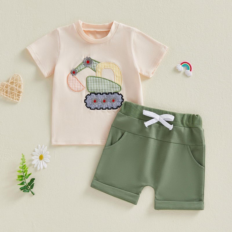 FOCUSNORM Toddler Baby Boy Summer Clothes Excavator Embroidery Short Sleeve T-Shirt Elastic Waist Shorts Set 2 Piece Outfit (Cute Green, 2-3T) - Image 5
