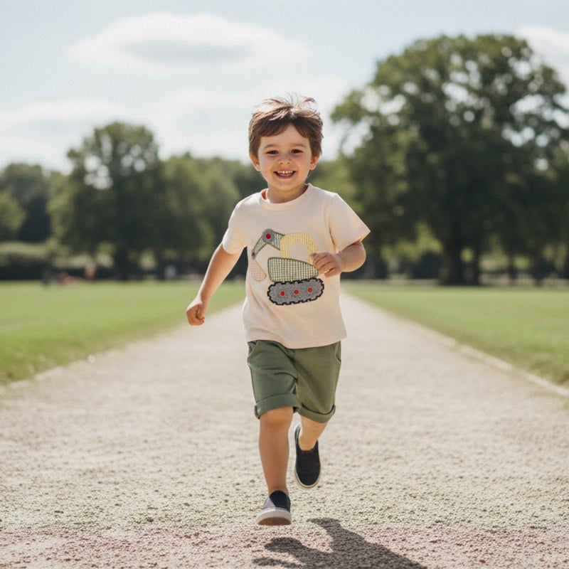 FOCUSNORM Toddler Baby Boy Summer Clothes Excavator Embroidery Short Sleeve T-Shirt Elastic Waist Shorts Set 2 Piece Outfit (Cute Green, 2-3T) - Image 2