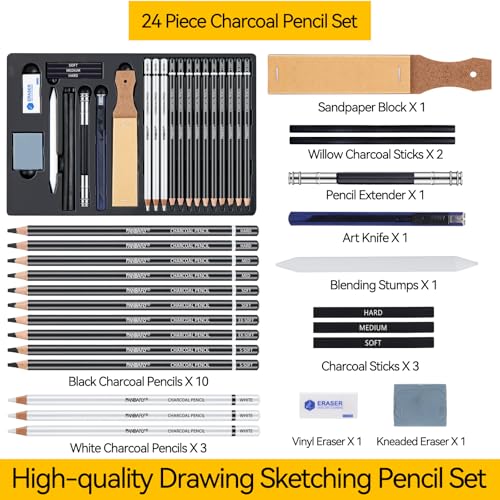 PANDAFLY 24 Piece Charcoal Drawing Set, Black & White Charcoal Pencils for Drawing, Sketching, Shading, Blending, Christmas Gifts for Kid Teen Girl, Artist Pencils for Beginners & Pro Artists - Image 2
