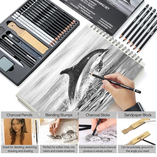PANDAFLY 24 Piece Charcoal Drawing Set, Black & White Charcoal Pencils for Drawing, Sketching, Shading, Blending, Christmas Gifts for Kid Teen Girl, Artist Pencils for Beginners & Pro Artists - Image 4