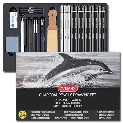 PANDAFLY 24 Piece Charcoal Drawing Set, Black & White Charcoal Pencils for Drawing, Sketching, Shading, Blending, Christmas Gifts for Kid Teen Girl, Artist Pencils for Beginners & Pro Artists - Image 1