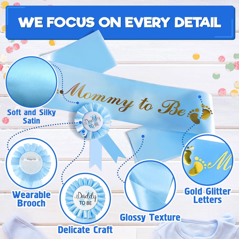 V TOWER Baby Shower Sash for Mommy - Blue Glossy Satin with Gold Glitz Letters Mom to Be Baby Shower Decorations Boy for Cute Appearance - Mommy to Be Sash with Dad to Be Pin, Gender Reveal Party Gifts - Image 4