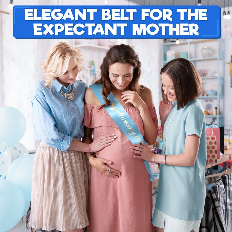 V TOWER Baby Shower Sash for Mommy - Blue Glossy Satin with Gold Glitz Letters Mom to Be Baby Shower Decorations Boy for Cute Appearance - Mommy to Be Sash with Dad to Be Pin, Gender Reveal Party Gifts - Image 5