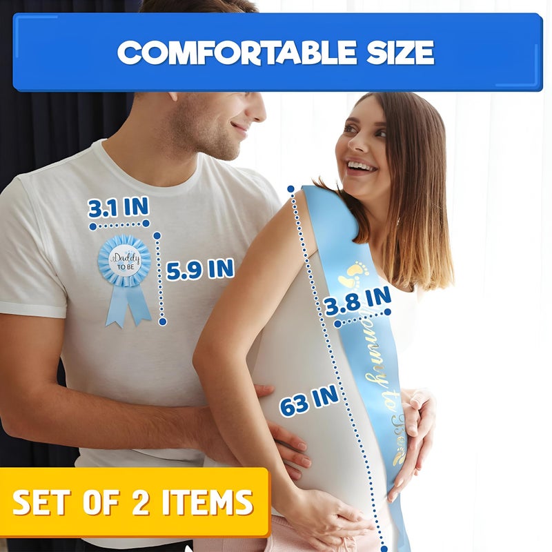 V TOWER Baby Shower Sash for Mommy - Blue Glossy Satin with Gold Glitz Letters Mom to Be Baby Shower Decorations Boy for Cute Appearance - Mommy to Be Sash with Dad to Be Pin, Gender Reveal Party Gifts - Image 2