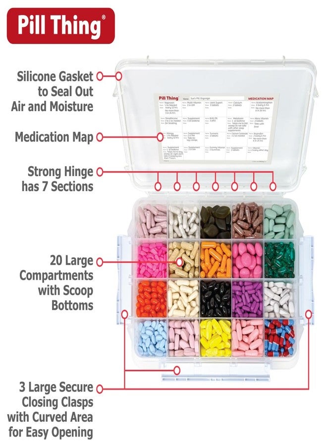pill thing 20 Compartment Large Pill Case with Airtight Seal - Silicone Gasket Waterproof Med Box with Medication Map (20 Compartment, 1 Pack) - Image 4