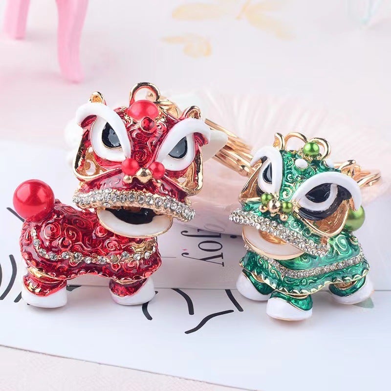 Diamond-Encrusted Kirin Car Keychain Pendant Creative Gift Chinese Style Lion Dance Lion Dance Alloy Cartoon Small Lion Dance - Image 2