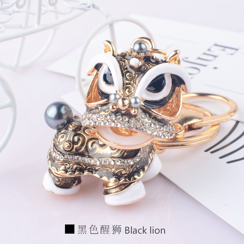 Diamond-Encrusted Kirin Car Keychain Pendant Creative Gift Chinese Style Lion Dance Lion Dance Alloy Cartoon Small Lion Dance - Image 1