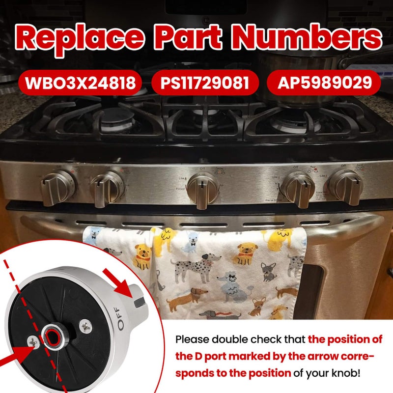 Aekops Stainless Steel WB03X24818 Gas Stove Knobs Replacement for GE Adora Range Stove, Compatible with GE JGB6, JGB7, JGB8, JGBS Series, Replace AP5989029, PS11729081, 5 Pack (Not Universal) - Image 4