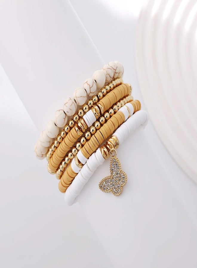 GOOJIDS Surfer Heishi Clay Bead Bracelets for Women Bohemian Stackable Gold Plated Beaded Stretch Bracelets Elastic Layering Friendship Bracelets Set Boho Jewelry, Medium, Polymer clay, no gemstone - Image 2