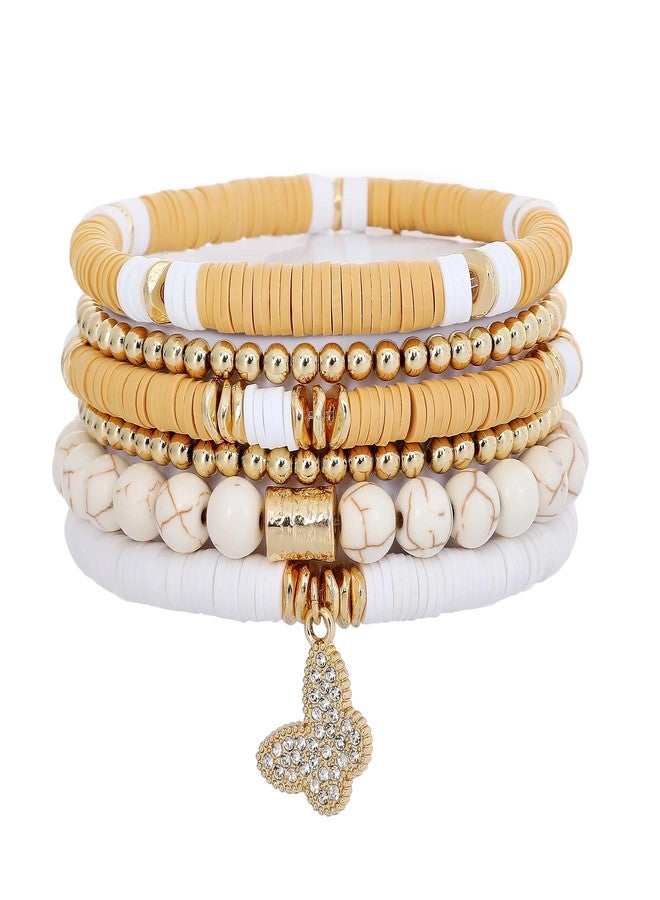 GOOJIDS Surfer Heishi Clay Bead Bracelets for Women Bohemian Stackable Gold Plated Beaded Stretch Bracelets Elastic Layering Friendship Bracelets Set Boho Jewelry, Medium, Polymer clay, no gemstone - Image 1
