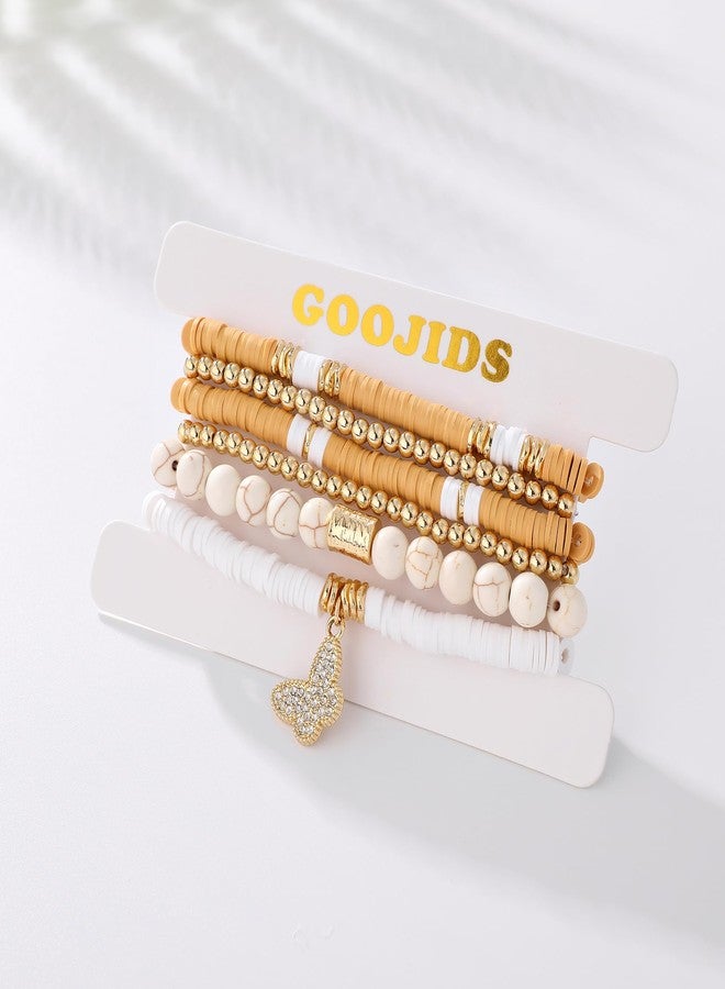 GOOJIDS Surfer Heishi Clay Bead Bracelets for Women Bohemian Stackable Gold Plated Beaded Stretch Bracelets Elastic Layering Friendship Bracelets Set Boho Jewelry, Medium, Polymer clay, no gemstone - Image 3