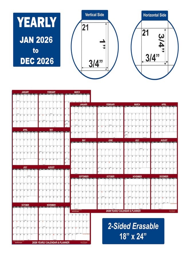 Swiftmaps 18" x 24" SwiftGlimpse 2026 Wall Calendar Erasable Large Wet & Dry Erase Laminated 12 Month Annual Yearly Wall Planner, Reversible, Horizontal/Vertical, Maroon - Image 4