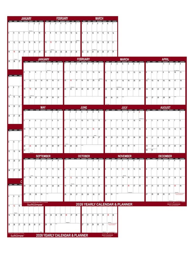 Swiftmaps 18" x 24" SwiftGlimpse 2026 Wall Calendar Erasable Large Wet & Dry Erase Laminated 12 Month Annual Yearly Wall Planner, Reversible, Horizontal/Vertical, Maroon - Image 1