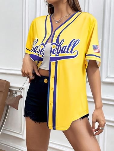 FASHGL Baseball Shirt Jersey Women Baseball Player TShirt Game Day Fan Graphic Tees Button up Short Sleeve Yellow - Image 3