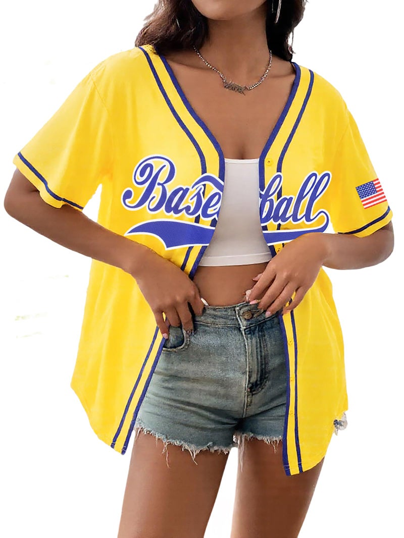 FASHGL Baseball Shirt Jersey Women Baseball Player TShirt Game Day Fan Graphic Tees Button up Short Sleeve Yellow - Image 2