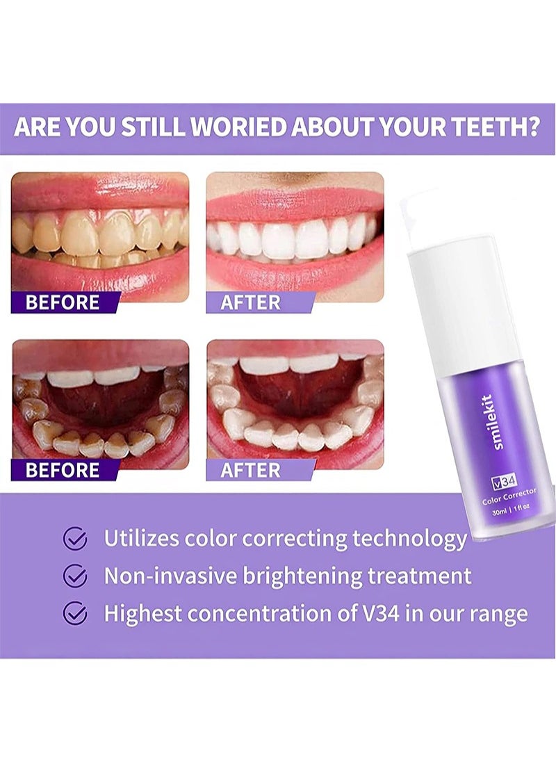 SMILEKIT 30ml V34 Teeth Color Corrector, Purple Whitening Toothpaste, Whitening And Correction Toothpaste, Remove Yellow Stains On Teeth  - Image 3