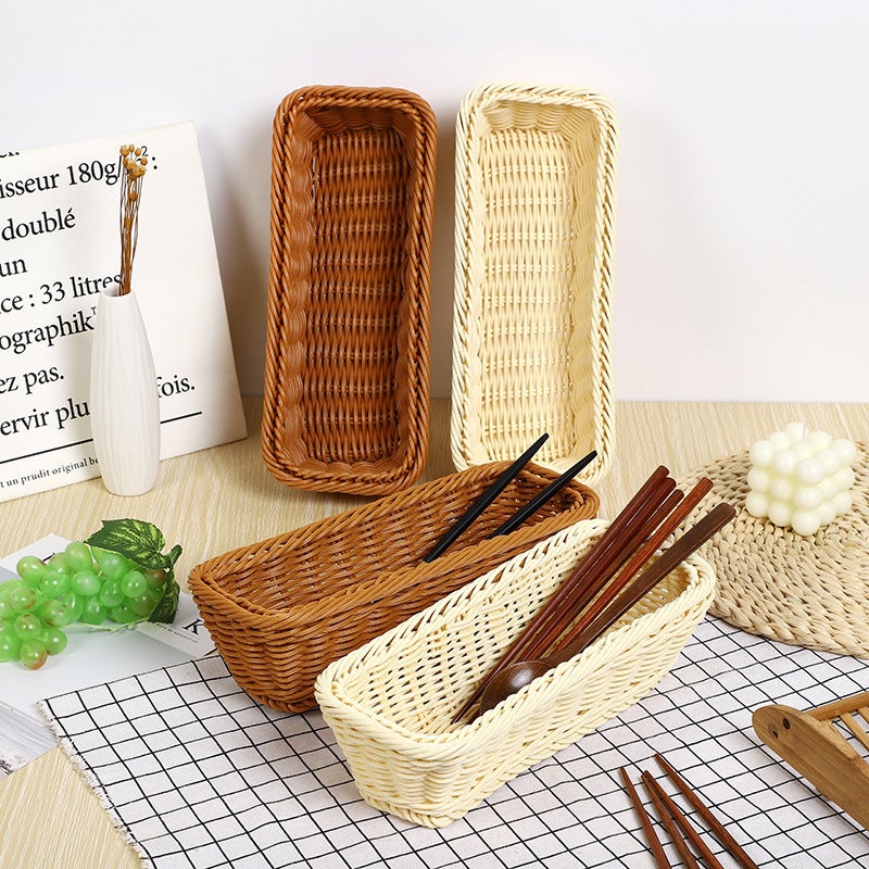 Creative Kitchen Tableware Storage Basket Hotel Restaurant Knife and Fork Basket Household Chopstick Basket Rectangular Imitation Rattan Basket(Beige, 25*10*6cm) - Image 3