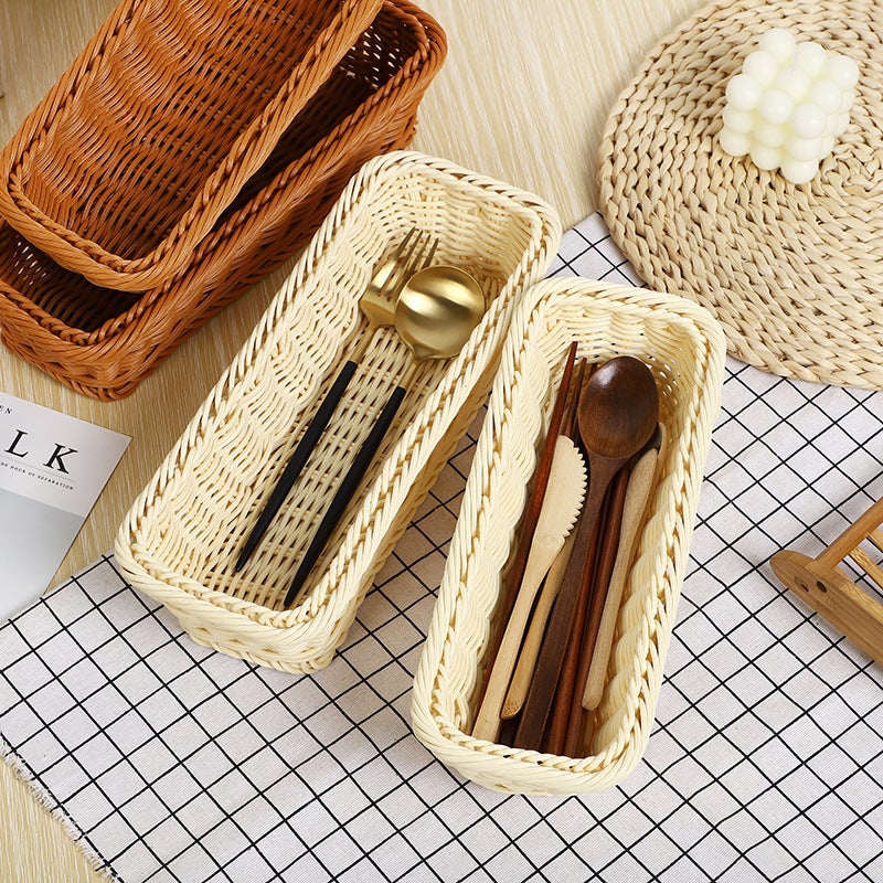 Creative Kitchen Tableware Storage Basket Hotel Restaurant Knife and Fork Basket Household Chopstick Basket Rectangular Imitation Rattan Basket(Beige, 25*10*6cm) - Image 4