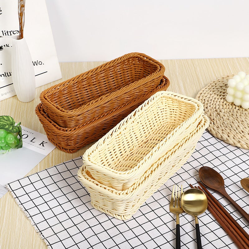 Creative Kitchen Tableware Storage Basket Hotel Restaurant Knife and Fork Basket Household Chopstick Basket Rectangular Imitation Rattan Basket(Beige, 25*10*6cm) - Image 2