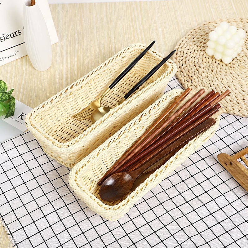 Creative Kitchen Tableware Storage Basket Hotel Restaurant Knife and Fork Basket Household Chopstick Basket Rectangular Imitation Rattan Basket(Beige, 25*10*6cm) - Image 5