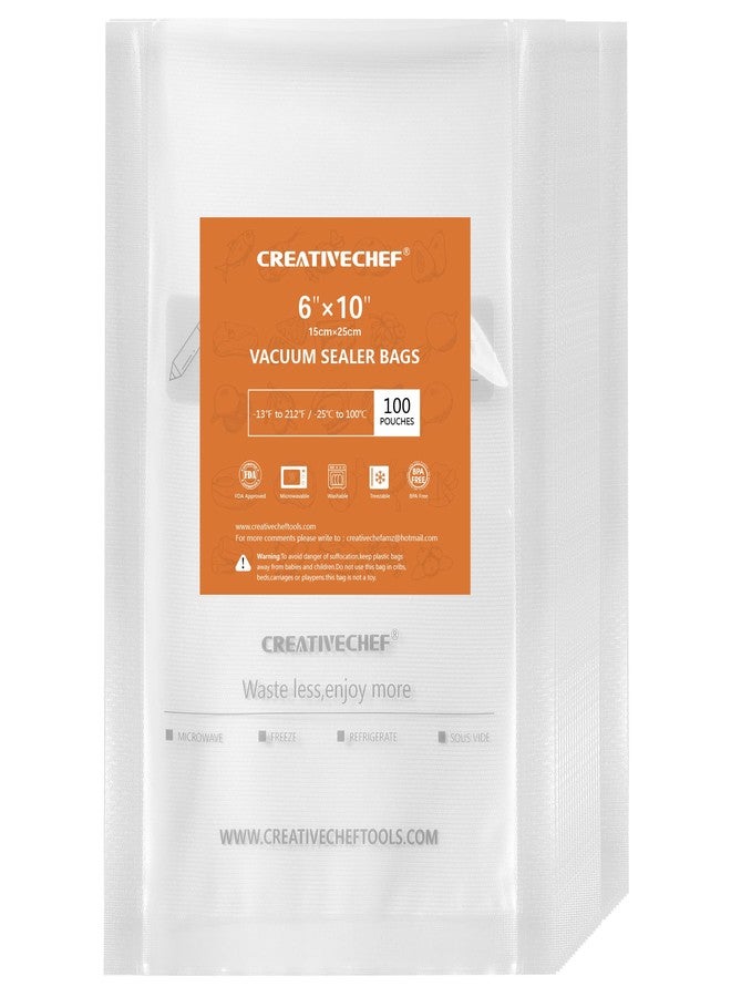 CREATIVECHEF 100 Pint 6 x 10 Inch Vacuum Sealer Bags, Great for Food Saver, Sous Vide, Vac Seal Freezer Bags, Vacuum Storage, Seal a Meal, BPA Free, Heavy Duty - Image 1