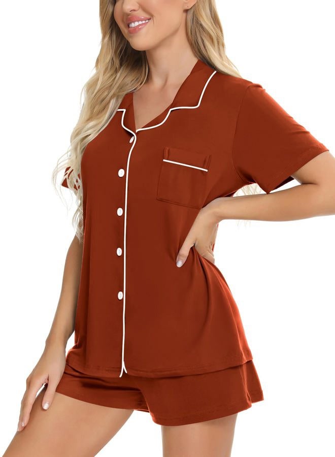 SWOMOG Womens Button Down Pajamas Set Short Sleeve Sleepwear Bride Soft Pj Lounge Sets XS-3XL Caremel Medium - Image 2
