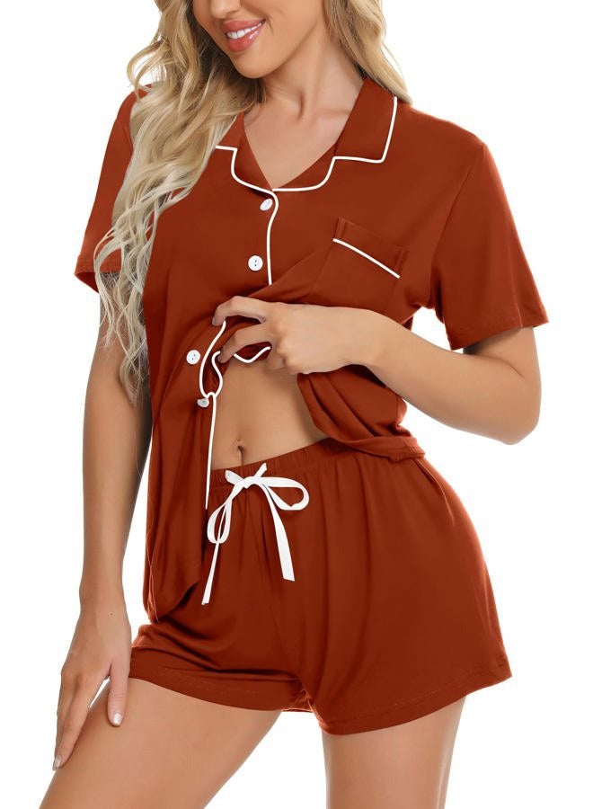 SWOMOG Womens Button Down Pajamas Set Short Sleeve Sleepwear Bride Soft Pj Lounge Sets XS-3XL Caremel Medium - Image 1