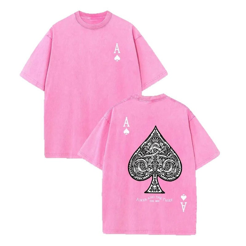 Heavy Washed T-Shirt Cotton Short Sleeve Poker A Printed Round Neck Retro Distressed Top Clothes - Image 4