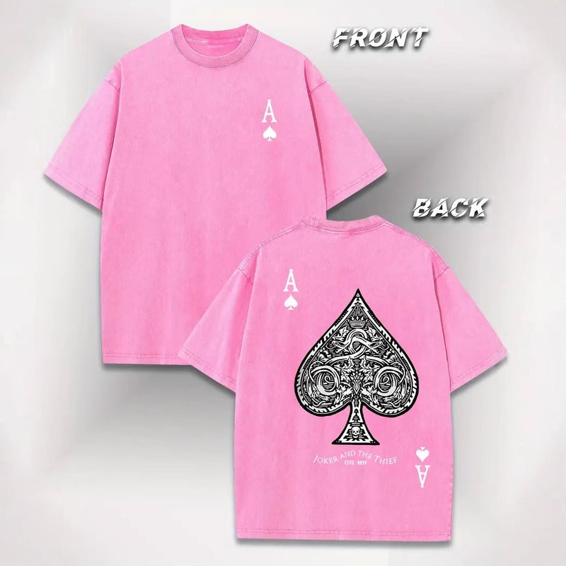 Heavy Washed T-Shirt Cotton Short Sleeve Poker A Printed Round Neck Retro Distressed Top Clothes - Image 2