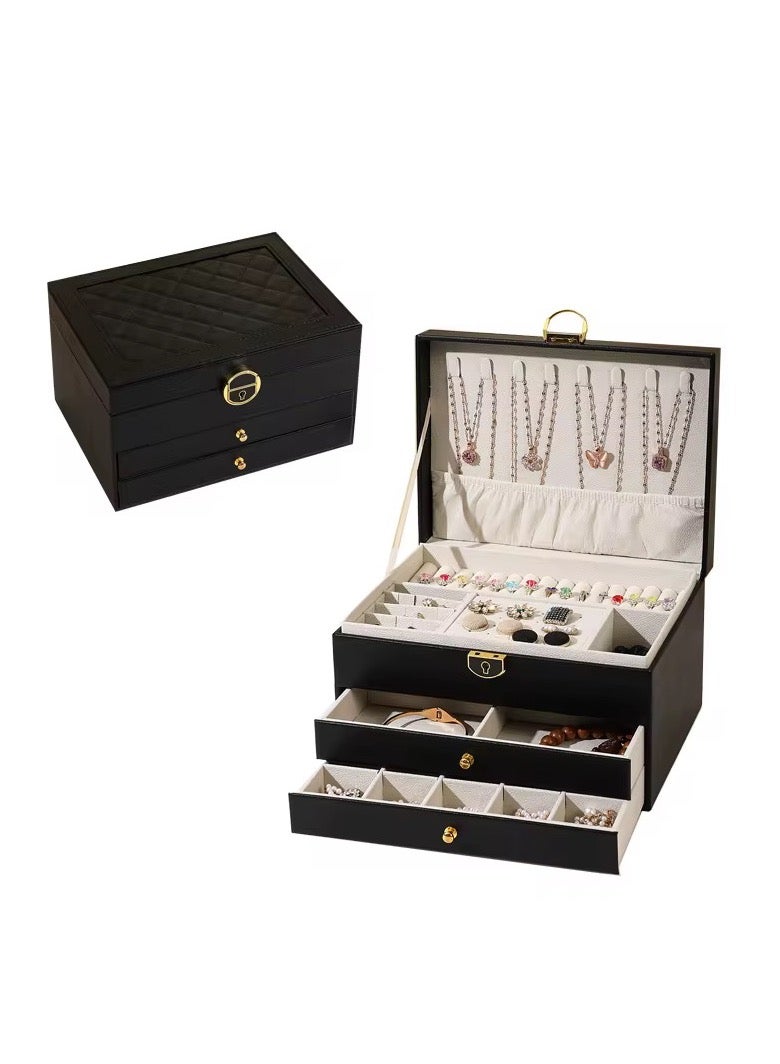 Yahor Luxury Jewelry Organizer Box for Women 3 Layers Leather Storage with Lock Lots Space Earrings Rings Necklaces Bracelets - Image 1