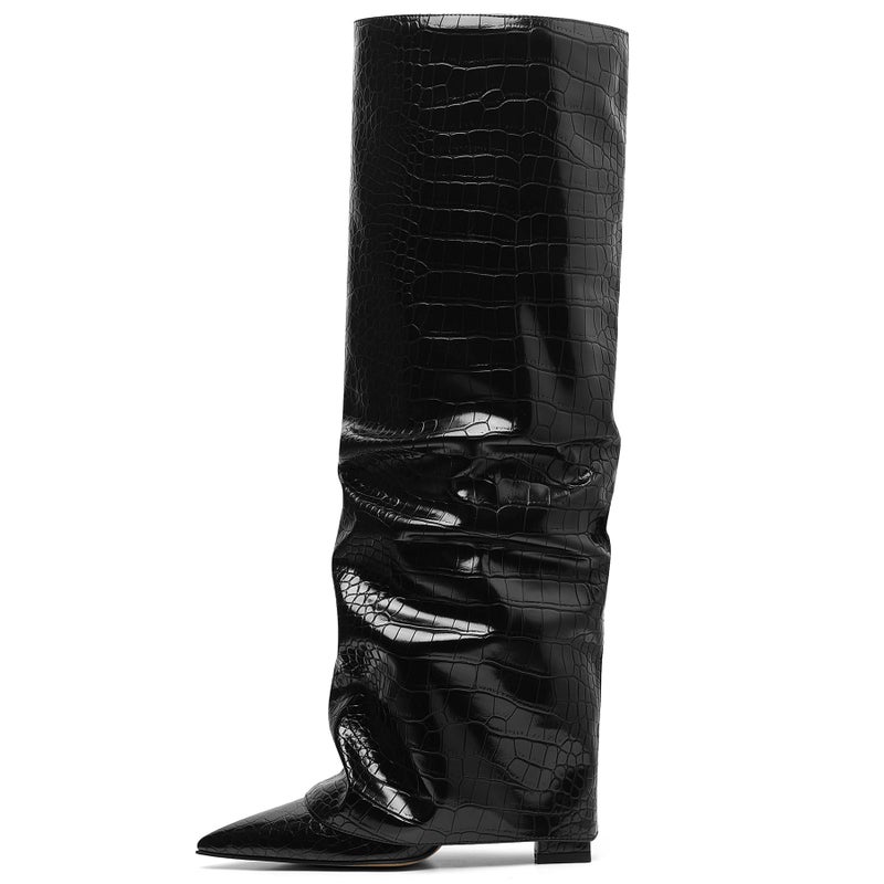 Synchoiss Black Boots for Women Wide Calf Pointed Toe Knee High Boots Fashion Chunky Heel Fold Over Boot Winter Fall Tall Boots Pull on Trendy Size 8 - Image 4