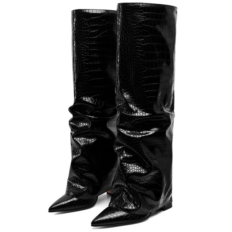 Synchoiss Black Boots for Women Wide Calf Pointed Toe Knee High Boots Fashion Chunky Heel Fold Over Boot Winter Fall Tall Boots Pull on Trendy Size 8 - Image 1