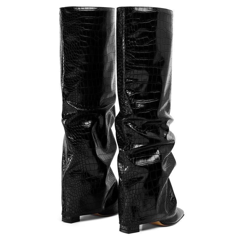 Synchoiss Black Boots for Women Wide Calf Pointed Toe Knee High Boots Fashion Chunky Heel Fold Over Boot Winter Fall Tall Boots Pull on Trendy Size 8 - Image 5