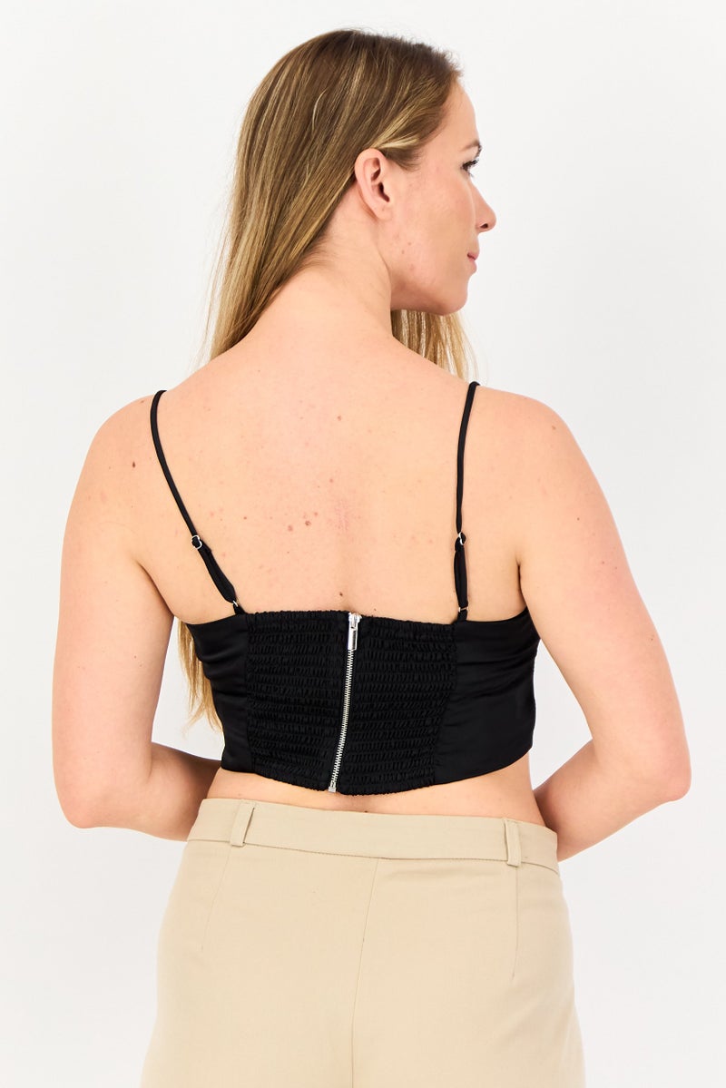 Bershka Women Queen Anne Neck Sleeveless Plain Tank Top, Black - Image 3