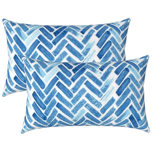 LVTXIII Set of 2 Patio Lumbar Pillows, 12”x20” Fade Resistant Outdoor Lumbar Pillow with Inners, Fluffy Decorative Garden Lumbar Cushions for Home Patio Coach Sofa Use, Blue Brick - Image 1