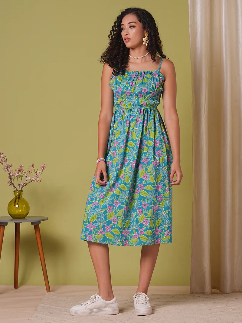 globus Globus Women Teal Floral Print Square Neck Strappy Shoulder Gathered Fit & Flare Midi Fusion Dress