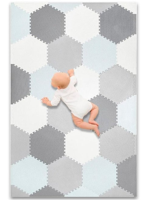 Baby Play Mat Non-Toxic Extra Thick Puzzle Exercise Mats  for Crawling, Playing- Soft EVA Interlocking Hexagon 38 Tiles Foam Flooring for Babies, Grey & White 180x120cm