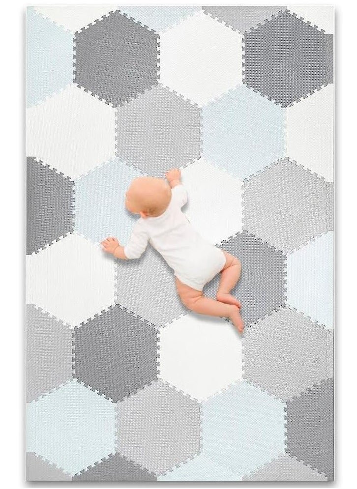Reva - Baby Play Mat Non-Toxic Extra Thick Puzzle Exercise Mats  for Crawling, Playing- Soft EVA Interlocking Hexagon 38 Tiles Foam Flooring for Babies, Grey & White 180x120cm - Image 1