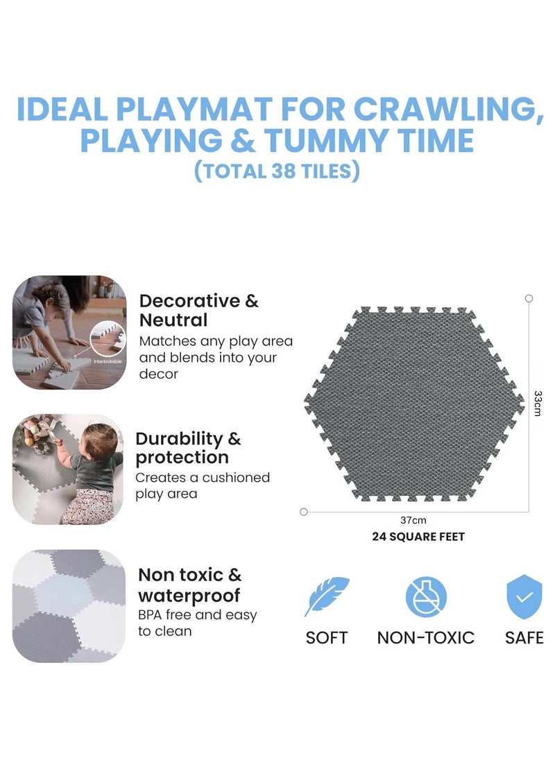 Reva - Baby Play Mat Non-Toxic Extra Thick Puzzle Exercise Mats  for Crawling, Playing- Soft EVA Interlocking Hexagon 38 Tiles Foam Flooring for Babies, Grey & White 180x120cm - Image 1