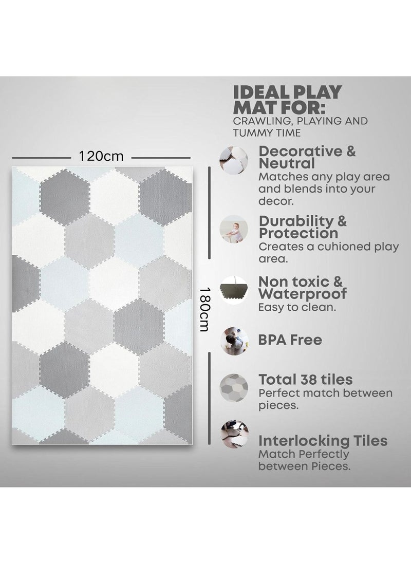 Reva - Baby Play Mat Non-Toxic Extra Thick Puzzle Exercise Mats  for Crawling, Playing- Soft EVA Interlocking Hexagon 38 Tiles Foam Flooring for Babies, Grey & White 180x120cm - Image 1