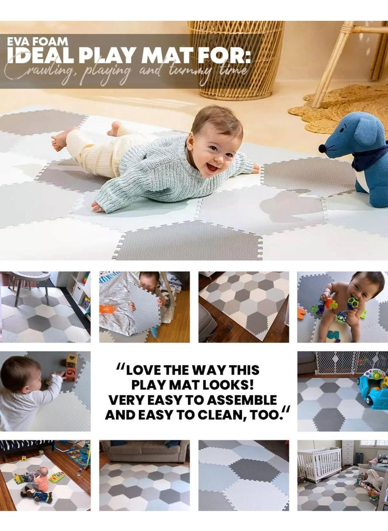Reva - Baby Play Mat Non-Toxic Extra Thick Puzzle Exercise Mats  for Crawling, Playing- Soft EVA Interlocking Hexagon 38 Tiles Foam Flooring for Babies, Grey & White 180x120cm - Image 1